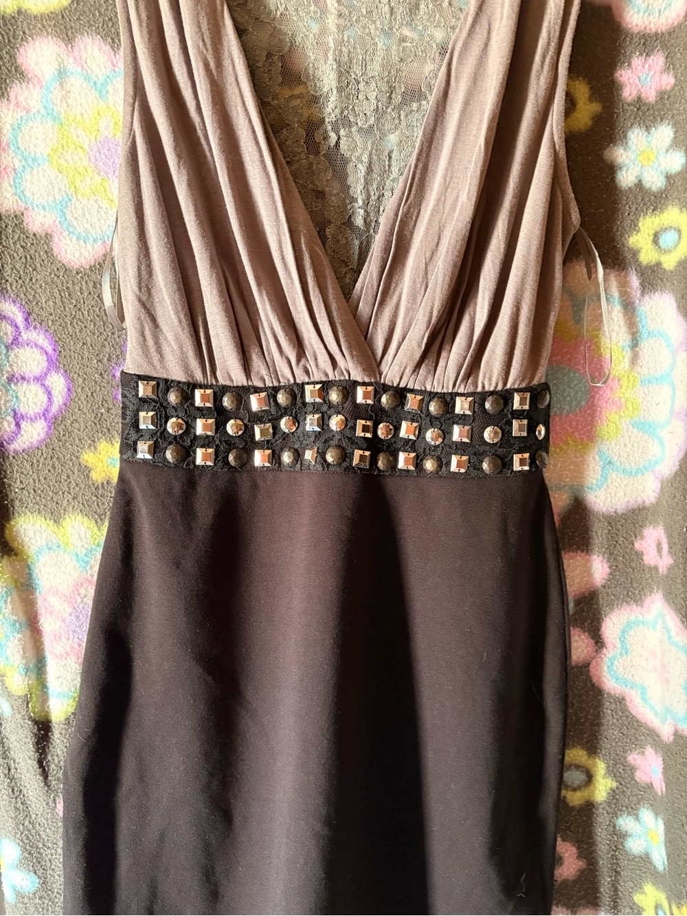 ANGL Taupe and Black One-Shoulder Embellished Waist Dress